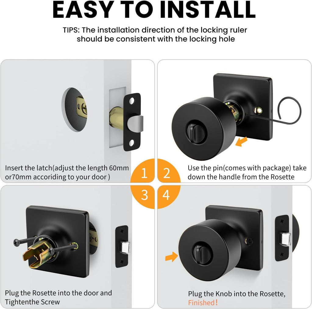 Matte Black Door Knobs Interior, Privacy Bedroom Door Knob with Lock, Black Interior Door Knobs Bathroom 6 Pack