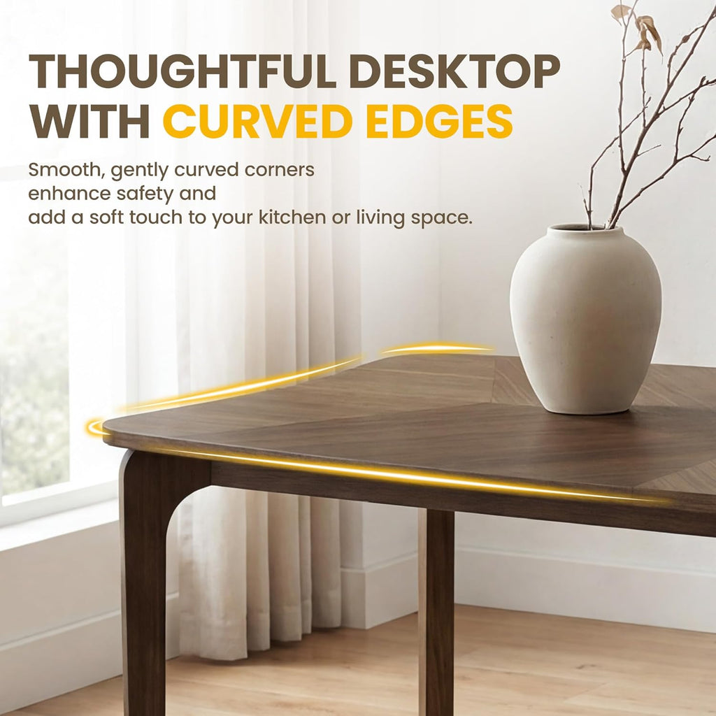 Modern Curved Edge Dining Table, 63" Solid Wood Kitchen Table with Herringbone Pattern Mid-Century Rectangular Dinner