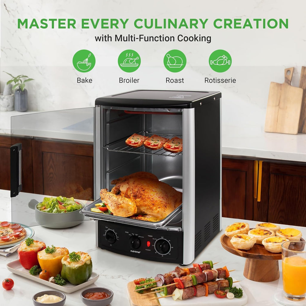 Vertical Countertop Oven with Rotisserie, Bake, Broil, & Kebab Rack Functions - Adjustable Settings - 2 Shelves