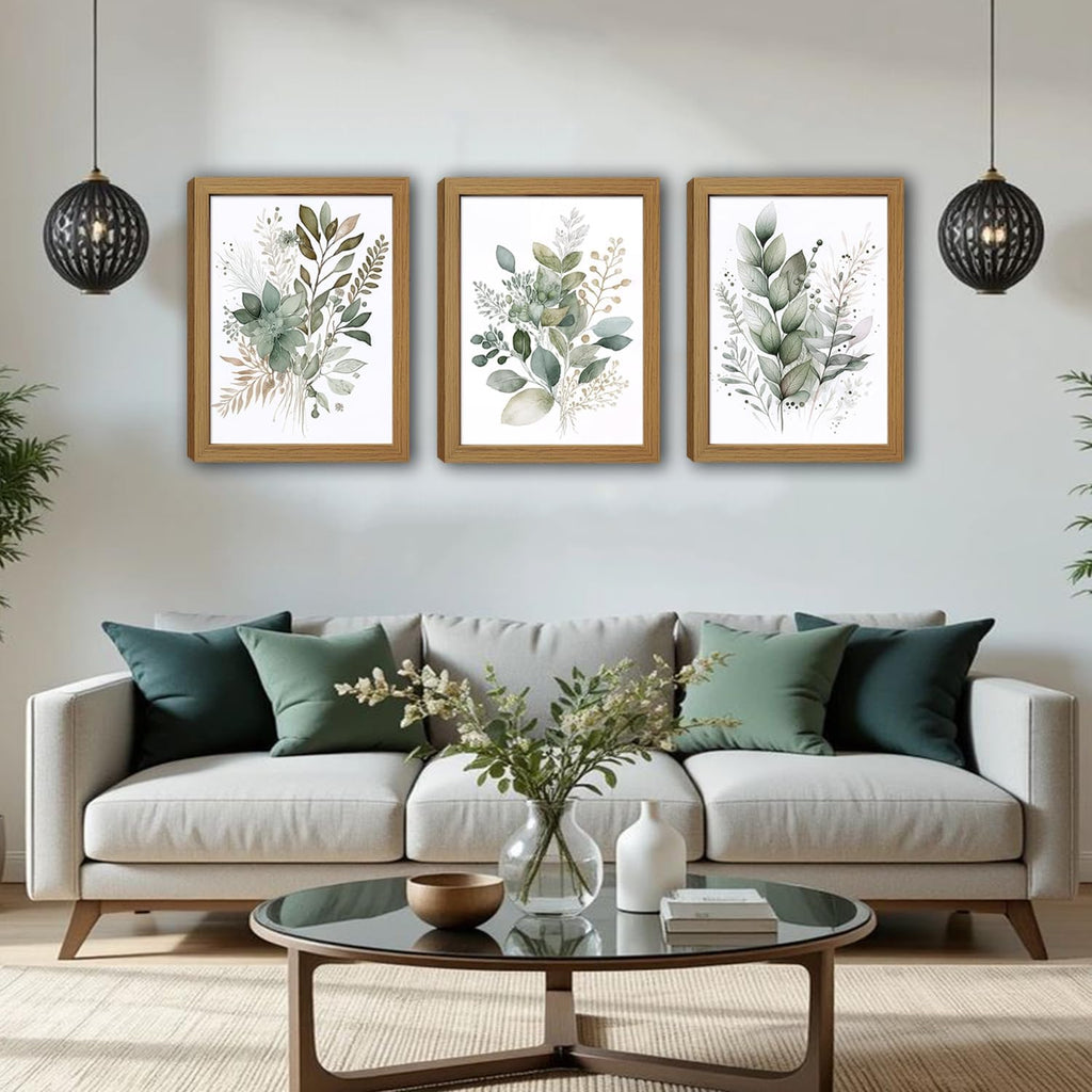 Sage Green Botanical Wall Art Set of 3, Eucalyptus Leaf Canvas Prints, Minimalist Watercolor Style Boho Nature Plant