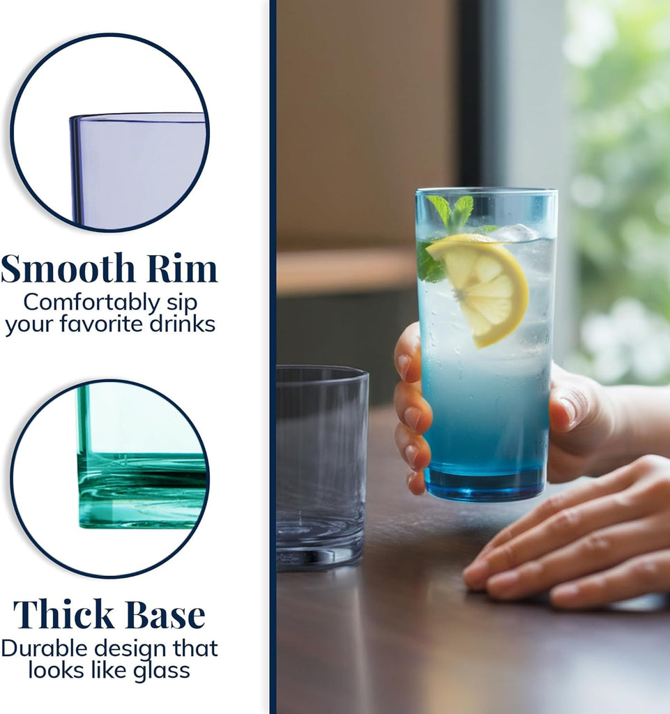 Classic Plastic Reusable Drinking Glasses (Set of 8) 12oz Rocks & 16oz Water Cups in Coastal Colors | BPA-Free