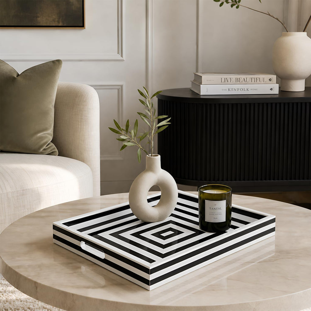12x12 Decorative Tray for Coffee Table, Centerpiece & Vanity, Black and White Resin Inlay Concentric Pattern Inspired