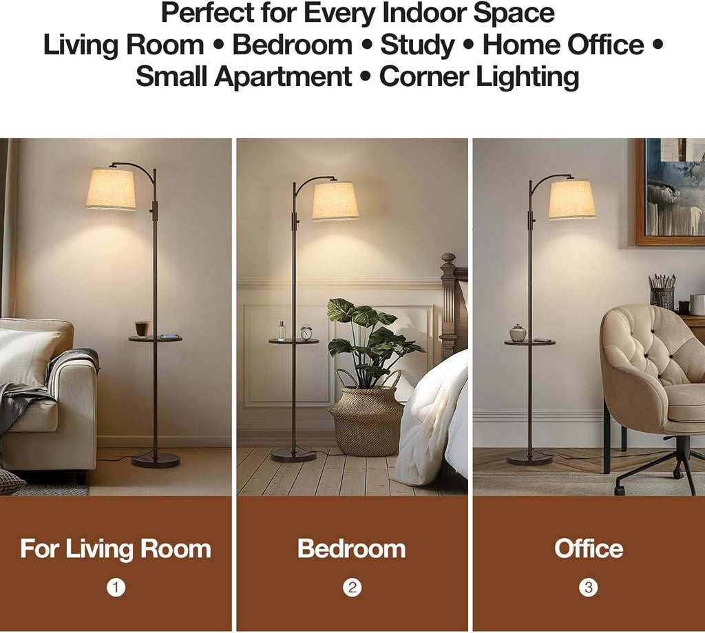 Dimmable Floor Lamp，Standing Lamp Rotary Switch with Table&Linen Beige Shade，Brown Tall Lamps with Adjust Head，9W LED