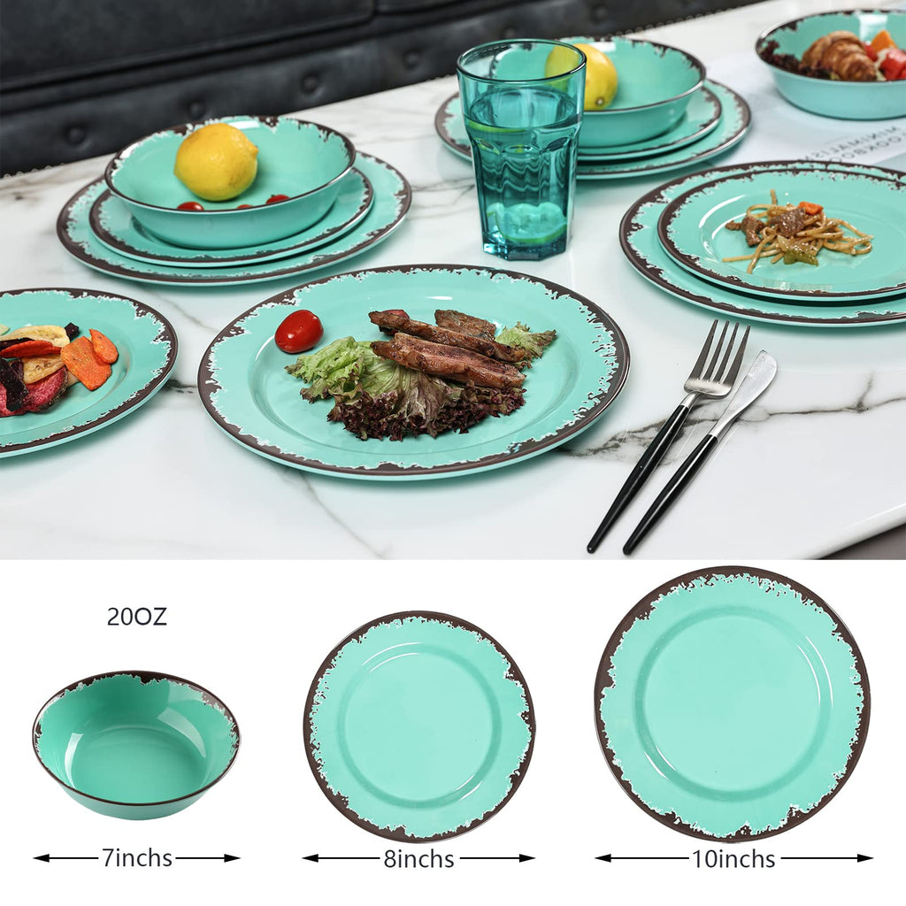 Rustic Melamine Dinnerware Set,12pcs Plates and Bowls Sets-Green