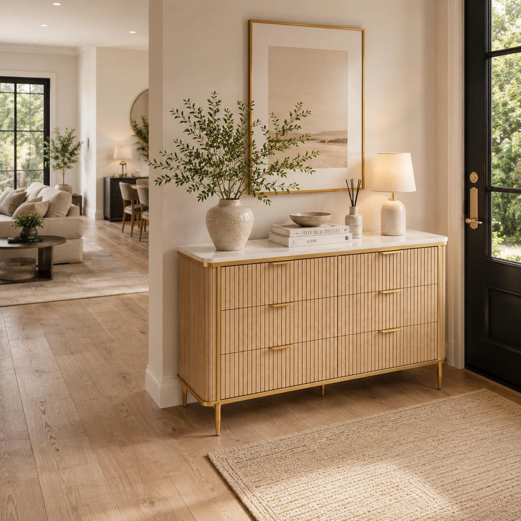 55.1" W 6 Drawer Dresser , Modern Fluted Wood Dresser with Marble-Look Top and Gold Accents, Double Chest of Drawers