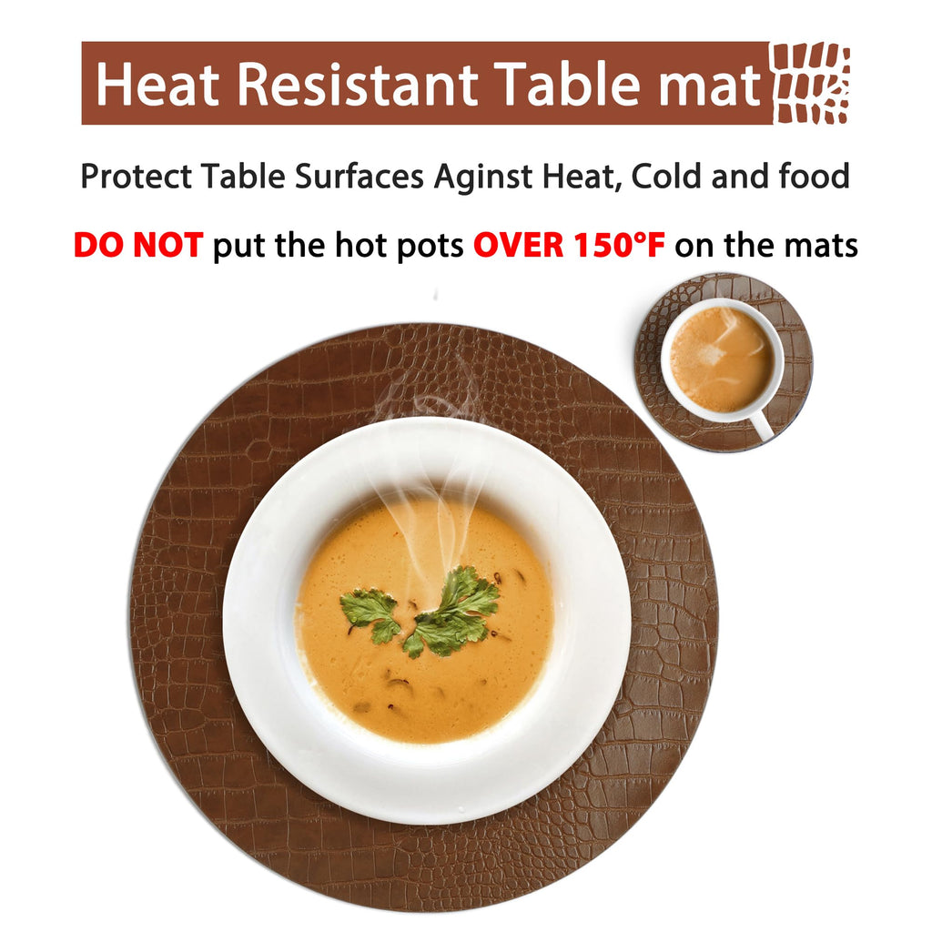 Round Leather Placemats for Round Tables Set of 4, Brown Table Place Mats and Coasters, Washable Easy to Care for