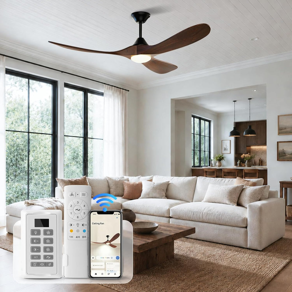 Wall Switch-60 inch Outdoor Ceiling Fan with Light Remote for Patios, Wet Rated Wood 3-Blade Propeller Ceiling Fans
