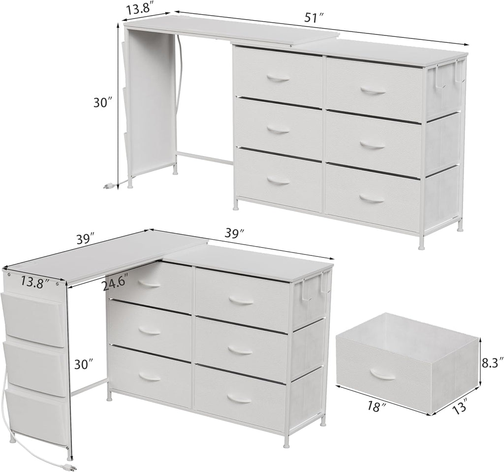 Modern Corner Vanity Desk with 6 Fabric Drawers Power Outlet Side Pocket L Shaped Drawers Makeup Desk Dressing Table