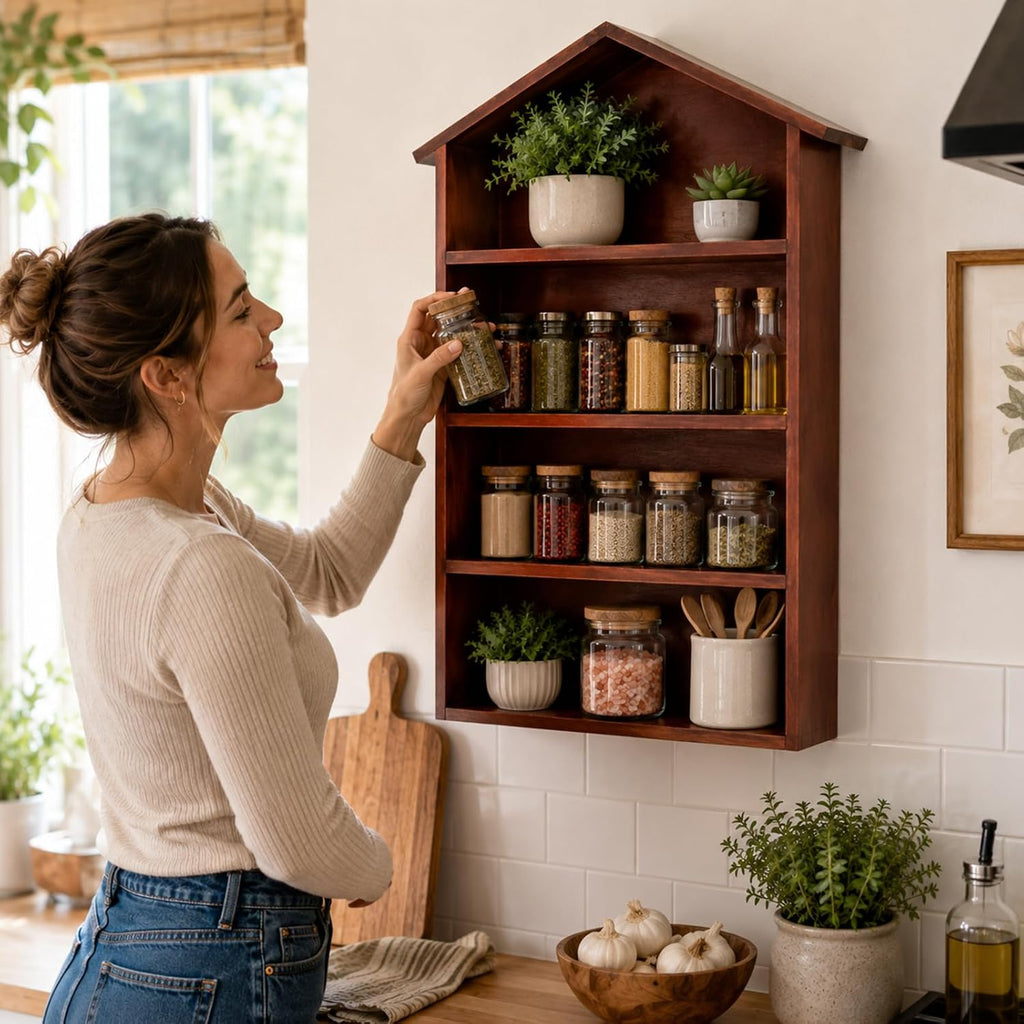 Rustic Natural Wood House Shaped Spice Rack Wall Mounted Floating Shelves Storage Organizer Countertop Farmhouse