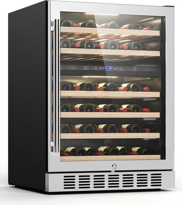 Wine Fridge Beverage Refrigerator - 24” Dual Zone 41 - 64°F/41-64°F Wine Cooler for 46 Bottles, Built
