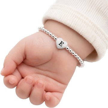 925 Sterling Silver Initial Bracelet for Baby Girls, Personalized Heart Charm Keepsake, Hypoallergenic Dainty Stretch