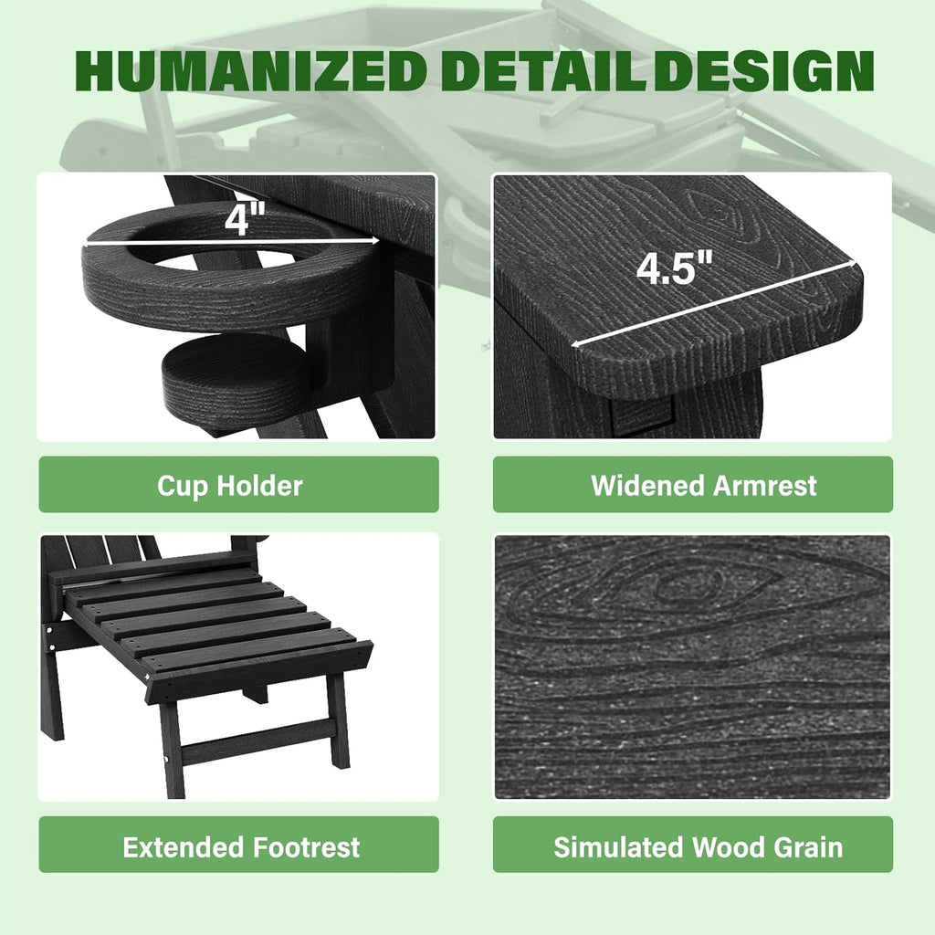 Folding Adjustable Adirondack Chair with Retractable Ottoman, HDPE Recliner Adirondack Chair with Cup Holder for Deck