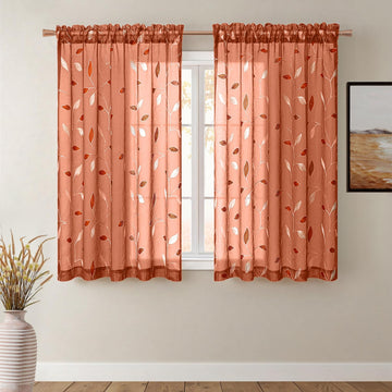 Burnt Orange Sheer Fall Curtains 2 Panels Leaf Patterned, W52 x L45
