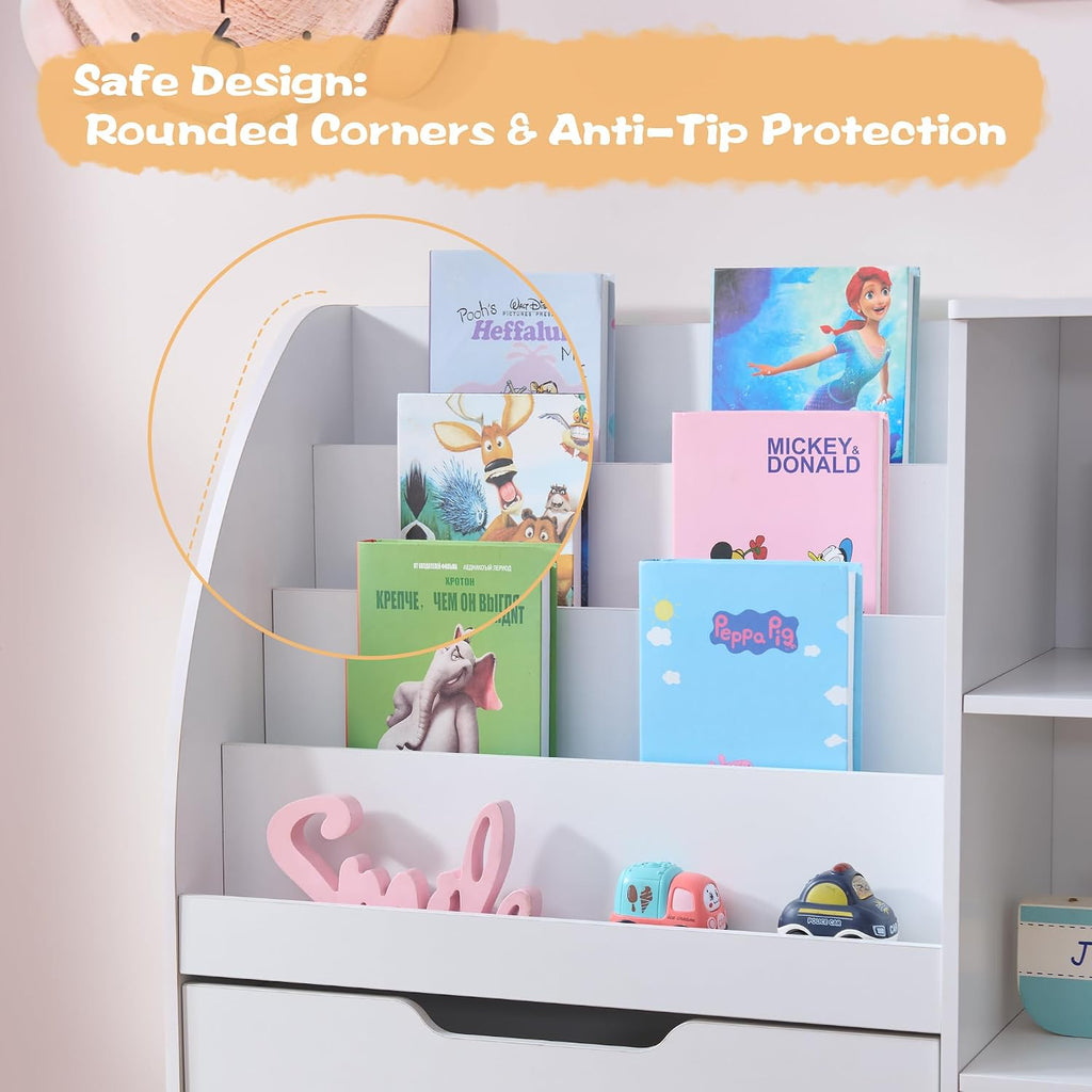 Kids Bookshelf and Toy Storage, 58.5'' Toy Storage Organizer with Movable Chests & 3 Storage Bins, Large Kids Reading