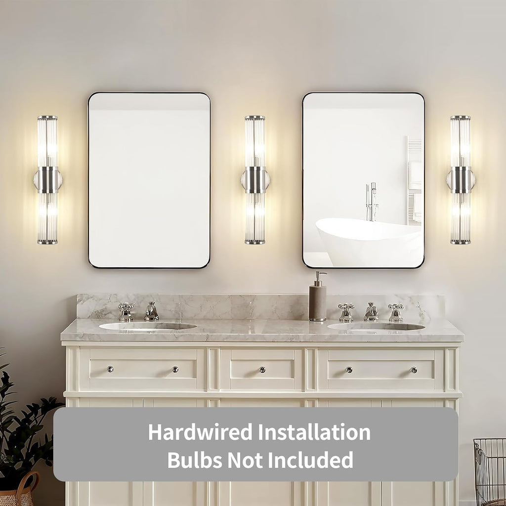 Brushed Nickel Wall Sconce with Glass Rods - Modern Industrial Vanity Light Fixture, E12 Candelabra Base (Bulbs Not
