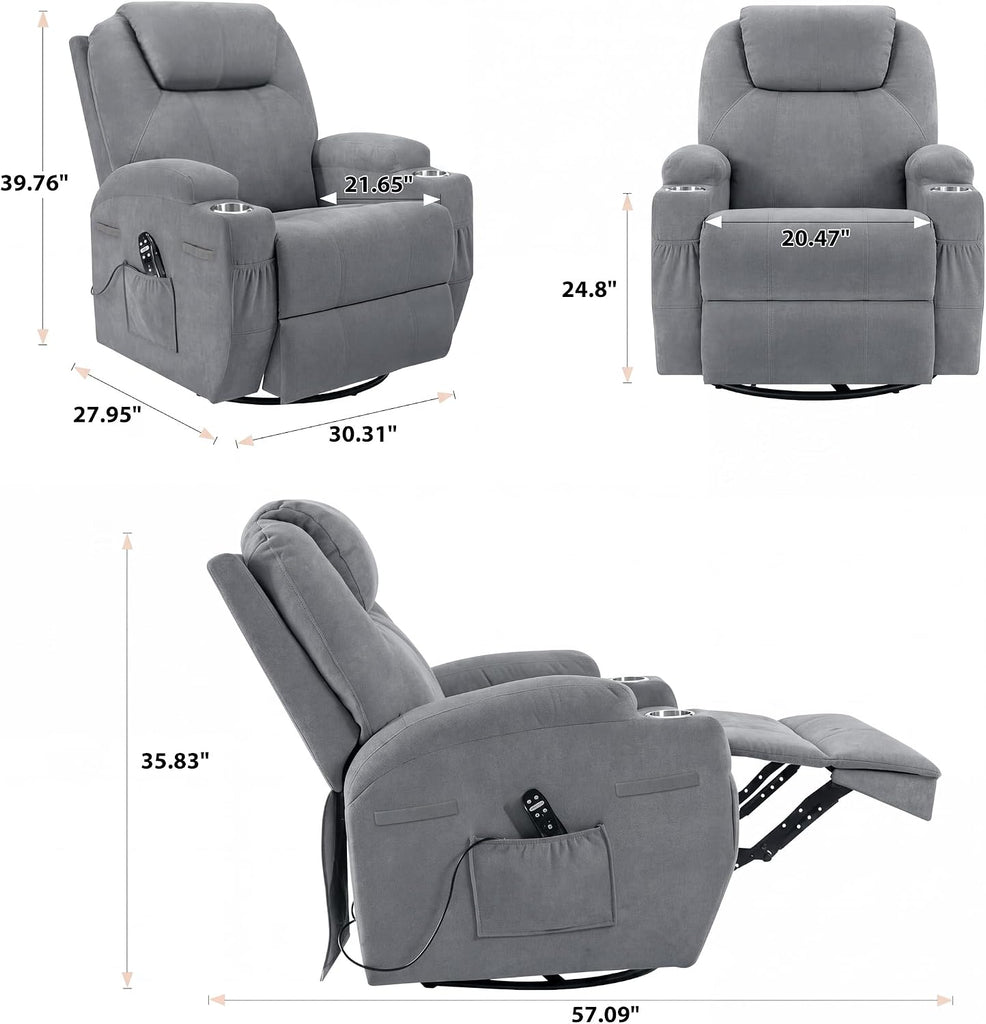 Rocking Chair Recliner Chair with Massage Swivel Ergonomic Lounge Chair Classic Single Sofa with 2 Cup Holders Side