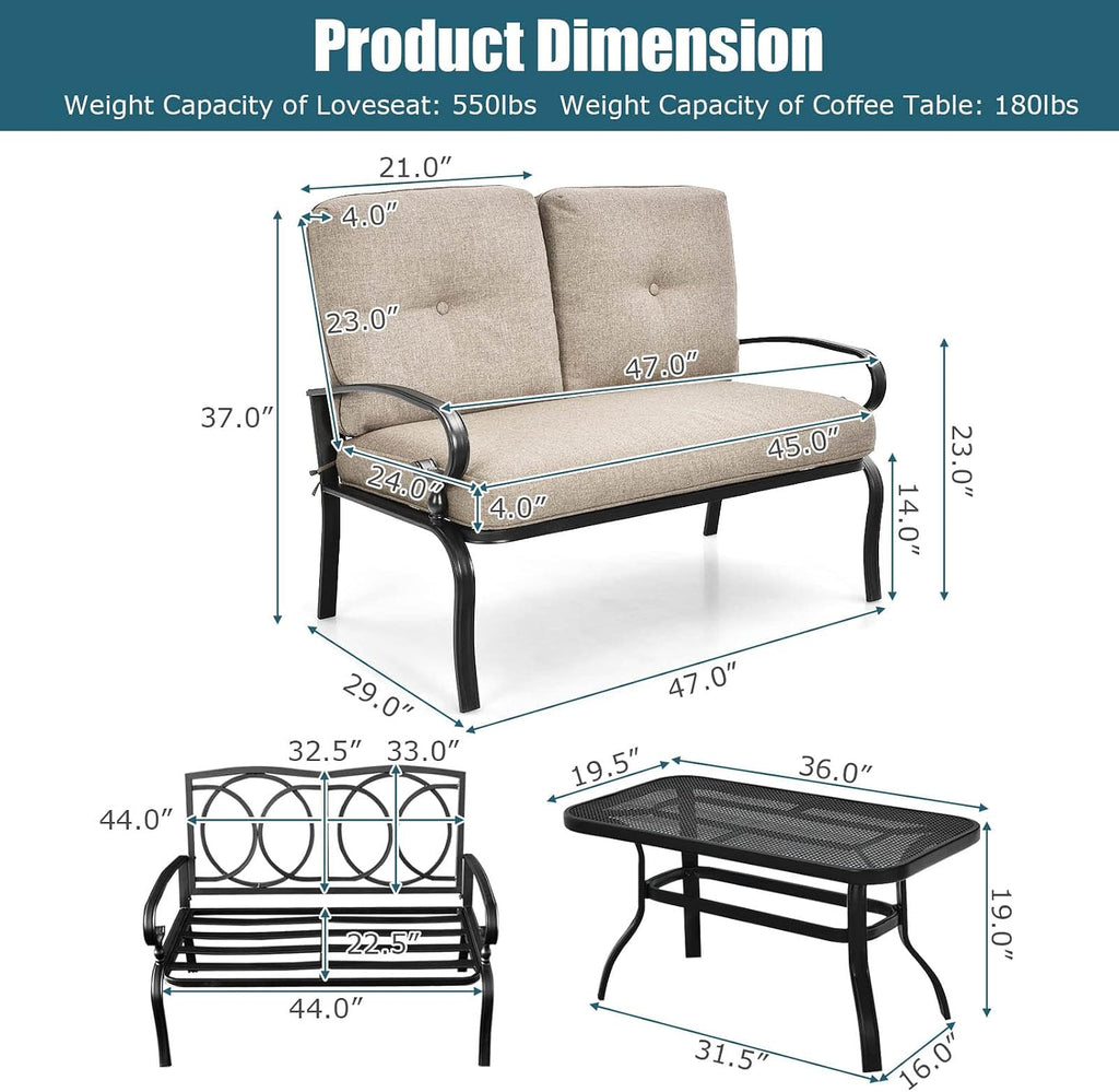 Patio Loveseat with Coffee Table - 2-Piece Patio Conversation Sofa Set w/Backrest & Cushions, Modern Outdoor Glider
