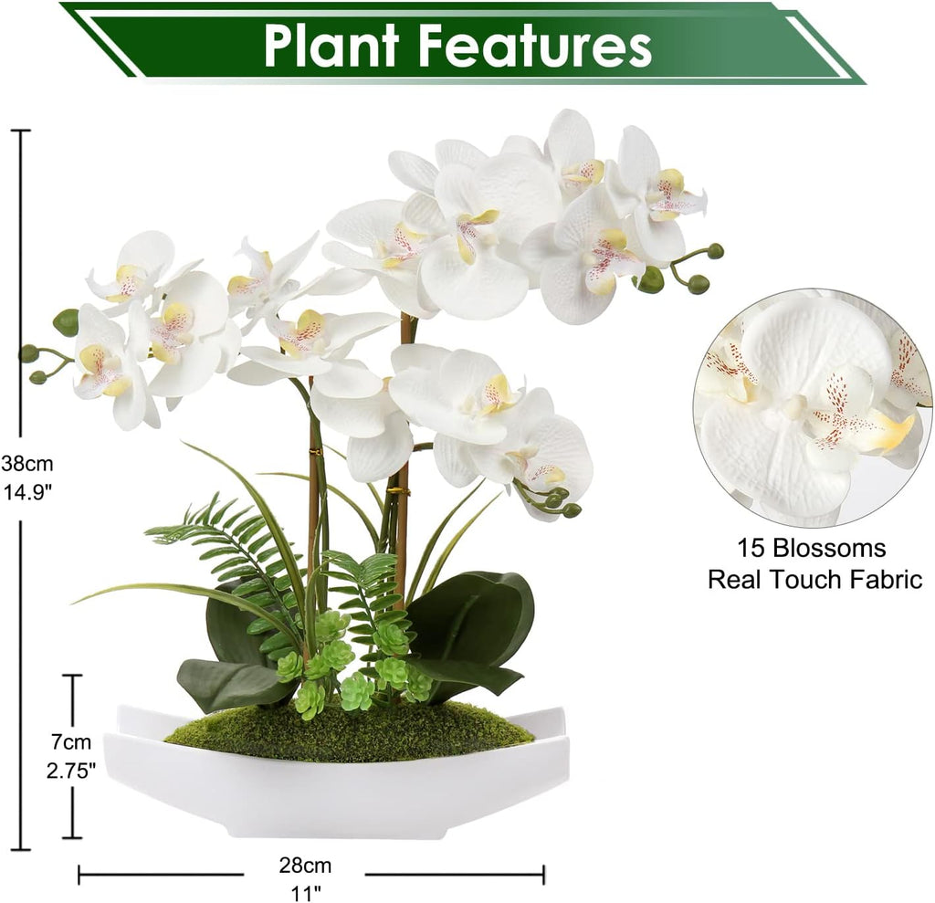 Orchids Artificial Flowers 15" Large Fake Orchid White Phalaenopsis Orchid Flower Arrangements with Vase Faux Orchid