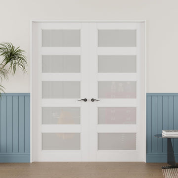 60'' x 80'' (Double 30"x80") 5-Lite French Interior Tempered Frosted Glass Door Slabs for Bedroom Doors, Closet Door