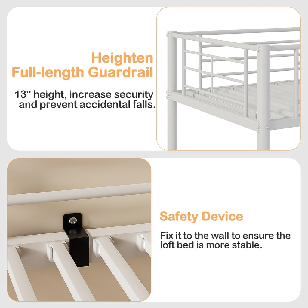 Loft Bed Twin with Desk, Metal Bedframe with Removable Ladder and Safety Guardrail, No Box Spring Needed, Space Saving