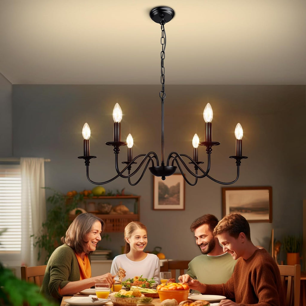 Farmhouse Chandelier for Dining Room: 6-Light Black Industrial Kitchen Island Pendant Light Fixture - Rustic Candle