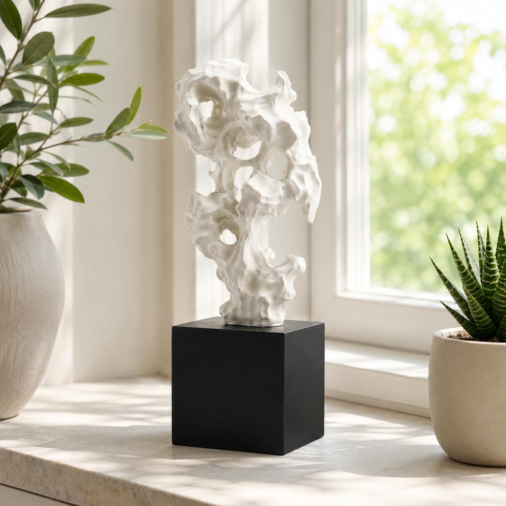 11.8" Modern Abstract Sculpture | Stone Home Decor, Resin White and Black Art Statues , Coffee Table Centerpiece, TV