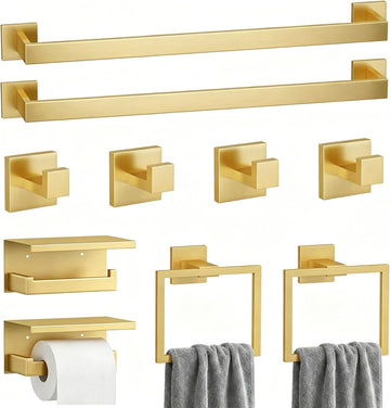 10-Piece Brushed Gold Bathroom Hardware Set SUS304 Stainless Steel, 2×23.6" Towel Bars, 2 Towel Rings, 2 Toilet Paper