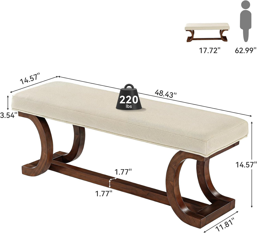 48-Inch Upholstered Bench, Solid Wood Entryway Bench with Soft Cushion, Mid-Century Accent Furniture for End of Bed