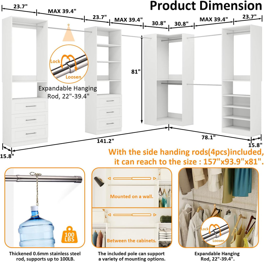 Closet System with 4 sets, 101.9" Closet Organizer Systems with 6 Drawers & 8 Hanging Rods & Adjustable Shelves, Walk