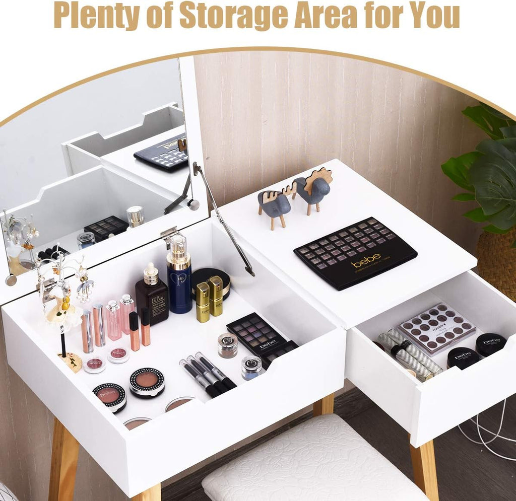 Vanity Table with Flip Top Mirror and Stool, Wooden Makeup Table Writing Desk with Drawer, Storage Compartment