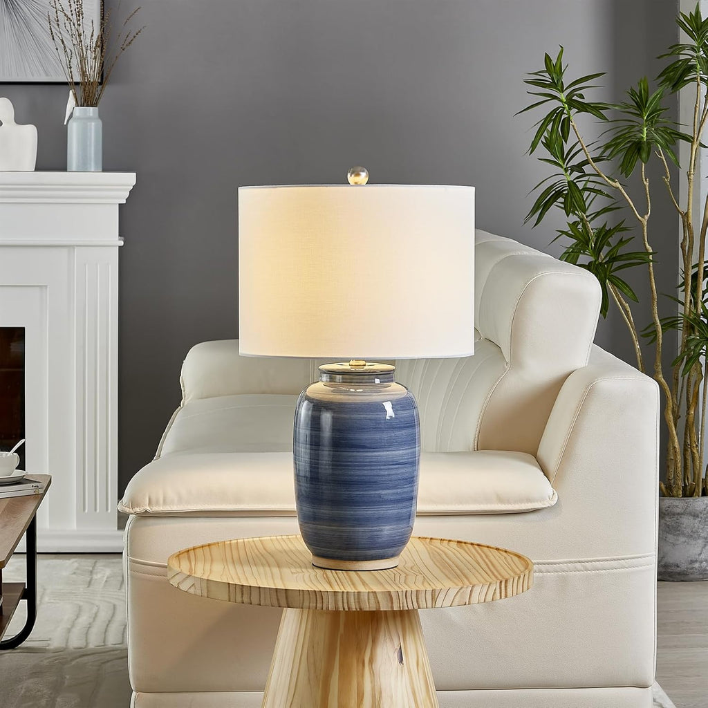 25" Blue Table Lamp, Modern Ceramic Lamp with White Shade, Coastal Blue Bedside Nightstand Lamp Home Office