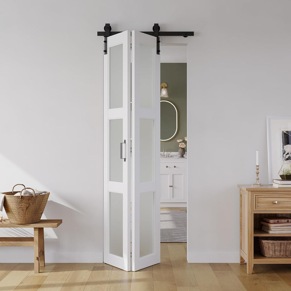28in x 84in Bifold Barn Door, Frosted Glass Barn Door with Hardware Kit Included, Pre-Drilled Holes Easy Assembly