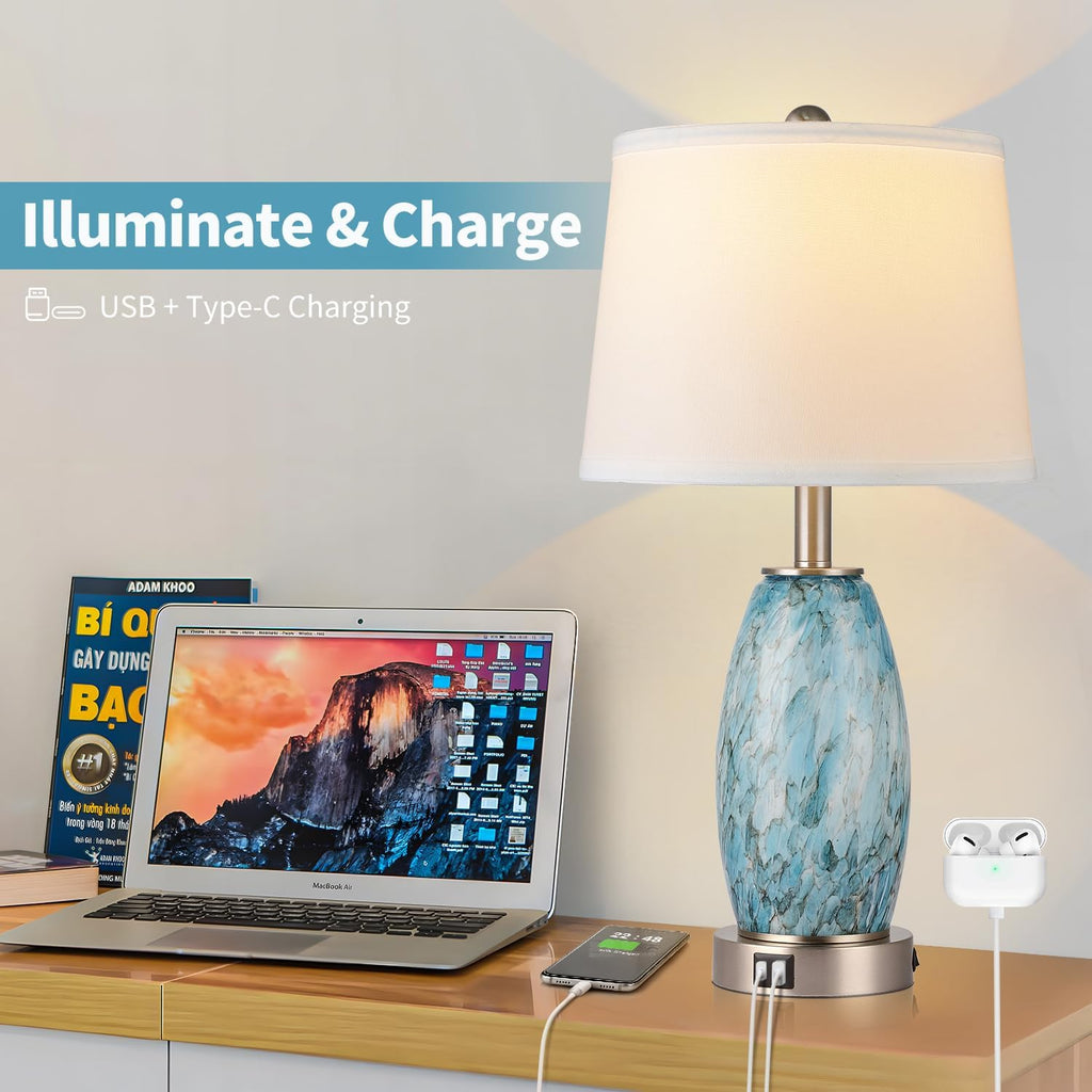 Glass Table Lamp with 3-Way Lighting Modes & USB C+A - Coastal Modern Style Nightstand Lamp Decoration (23.5" H)