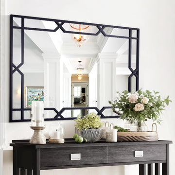 Large Living Room Mirror for Decor, 28" x 40" Rectangle Bathroom Mirror with Matte Black Metal Pipe Frame, Modern Wall