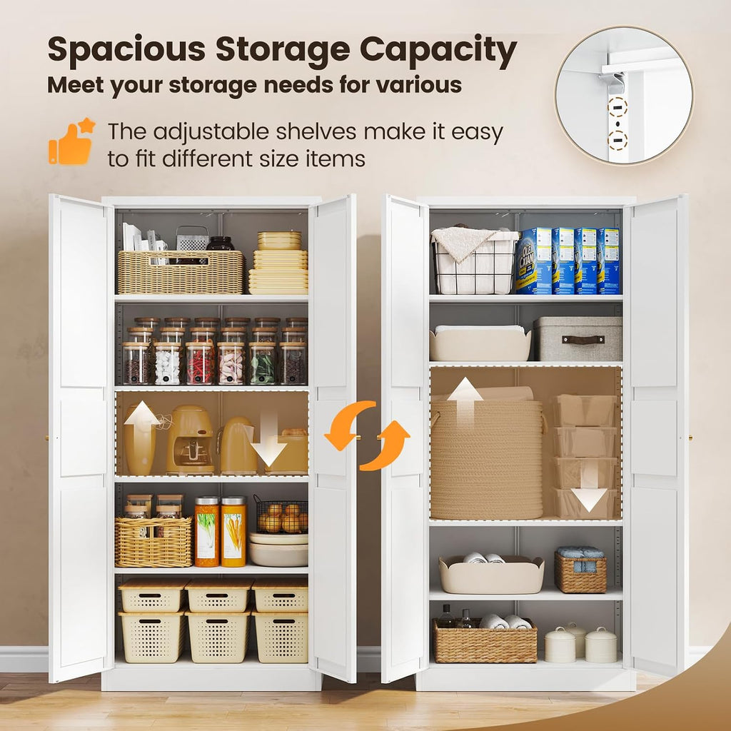Metal Storage Cabinet - 71" White Kitchen Pantry with 2 Doors and 5 Adjustable Shelves, 5-Tier Tall Steel Locker