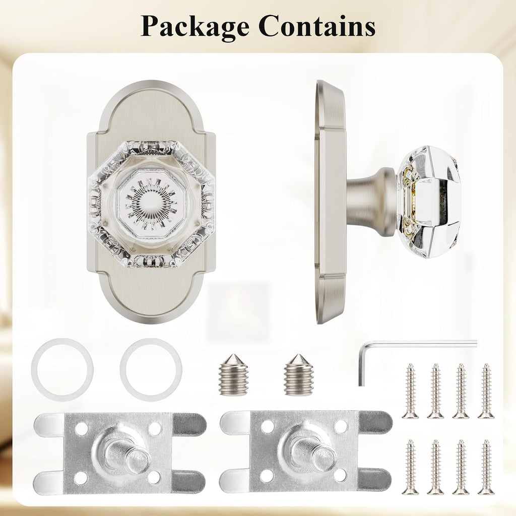 2 Pack Crystal Glass Door Knob, Dummy Door Knobs, Satin Nickel