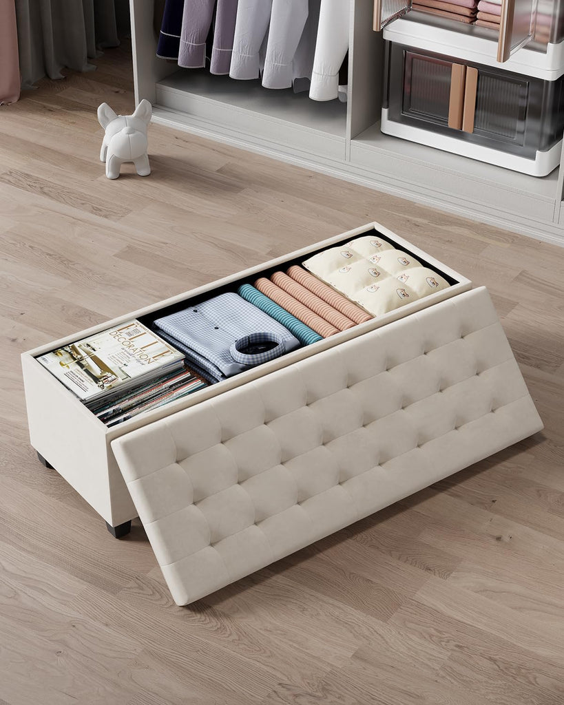 Velvet Storage ottoman bench with legs,43.5"W x 15.7"D x 15.7"H,metal frame end of bed bench hold up to 770 LB,Large