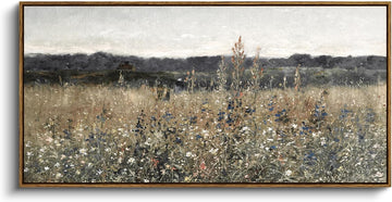 Extra Large Framed Vintage Wall Art, Living Room Country Farmhouse Decor, Flower Meadow Landscape Paintings, Canvas