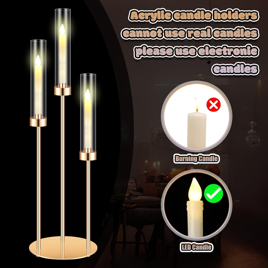 6 Sets 3 Arm Metal Candelabra Centerpiecese Holder Centerpieces with 18 LED Candles and Shade for Ceremony Birthday