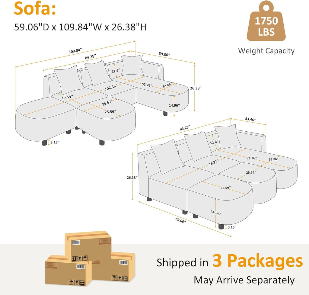 109.84" Modular Sectional Sofa with 3 Pillows, Convertible 5-Seater Comfy Boucle Cloud Couch with Ottoman