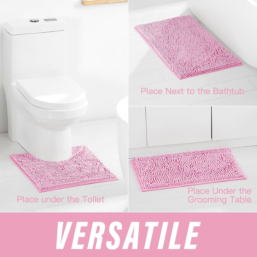 Pink Bathroom Rugs Sets 3 Piece Washable, Luxury ,Chenille Bath Mat Set, Soft Plush Anti-Slip Rectangular Bath, Rug