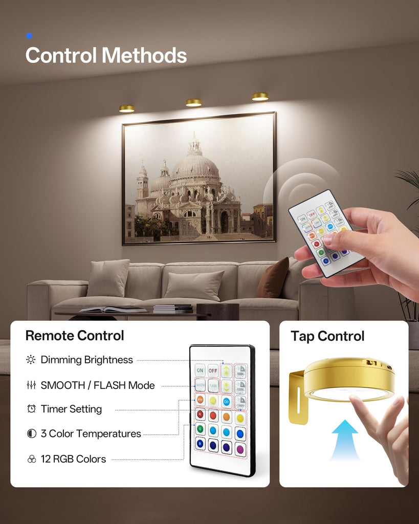 3 Pack Picture Lights for Wall, 2200mAh Rechargeable, Gold