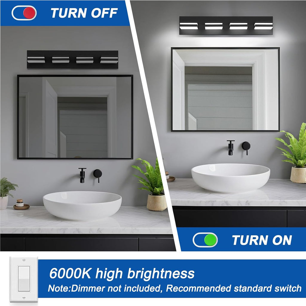 LED Modern Bathroom Lights Fixtures(4-Light,Dimmable,360°Rotate),Matte Black Acrylic Wall Lighting,Vanity Lights Over