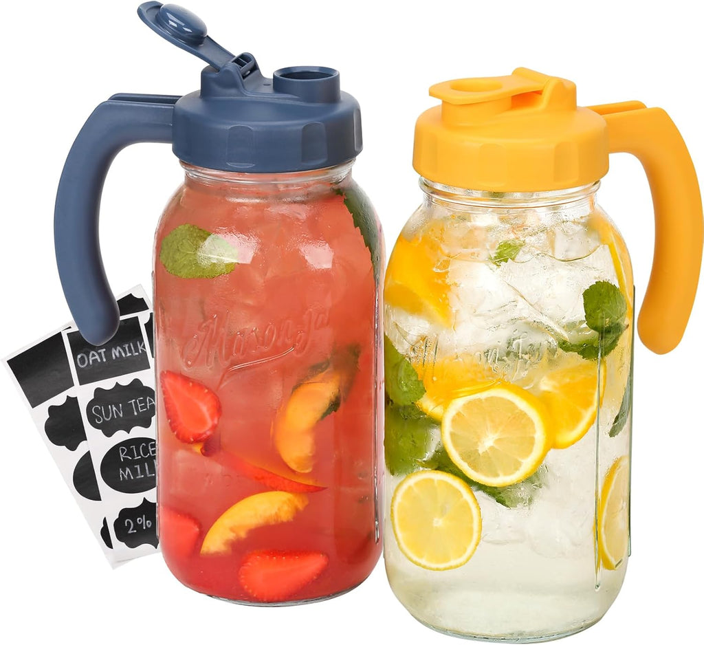 Glass Mason Jar Pitcher with Lid, Wide Mouth Flip Cap Pour Spout Leak-proof Lid with Handle, 64 oz (2 Quart / 1.9