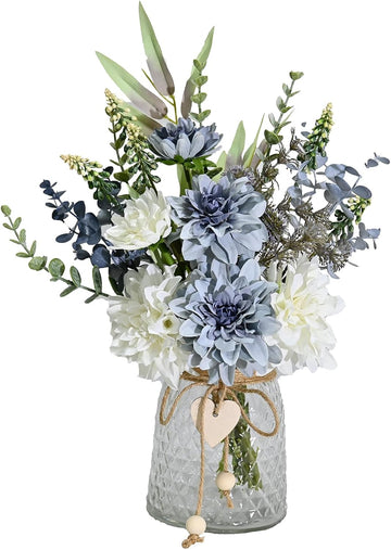 Artificial Flowers with Vase, Faux Dahlia Flower Arrangement in Glass Vase, Blue and White Silk Flowers with