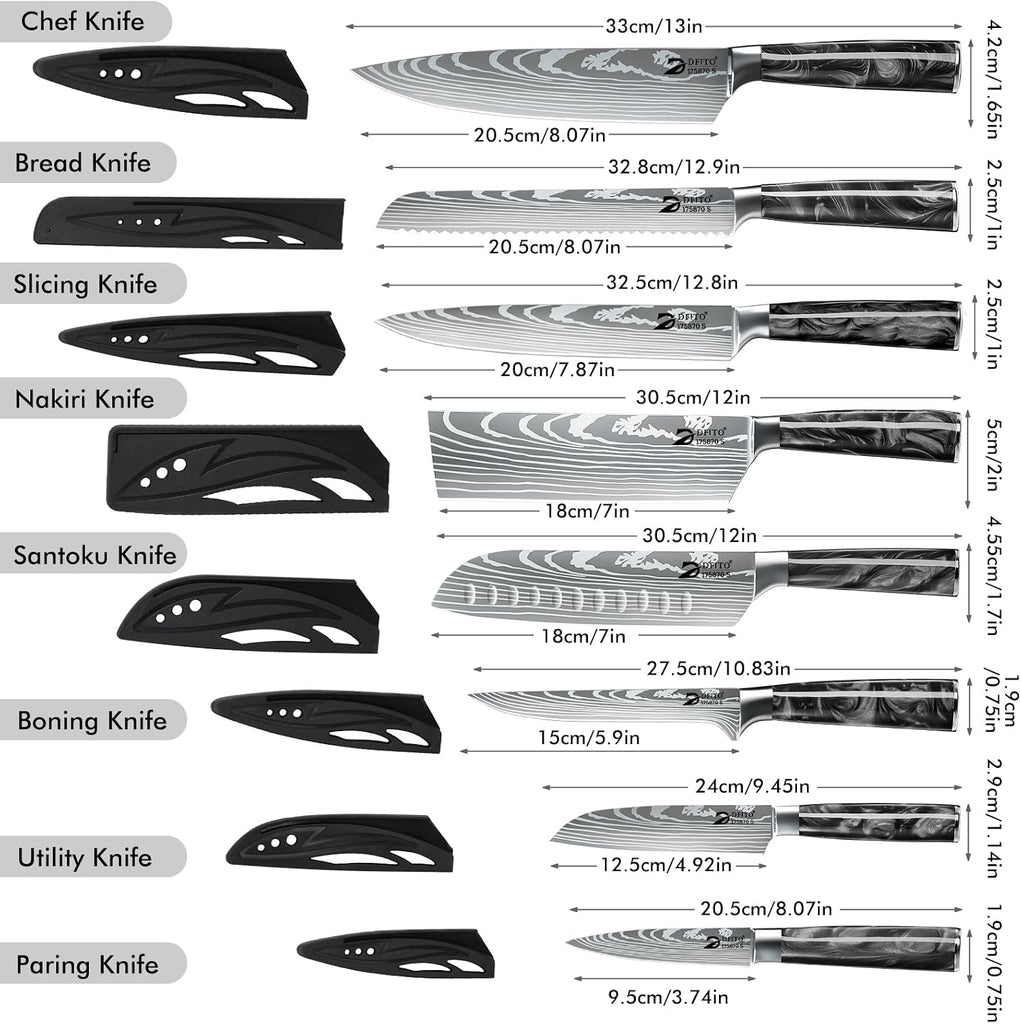 Chef Knife Sets with Roll Bag, 9 Pieces Professional Knife Set | High Carbon Stainless Steel Kitchen Knife Set with