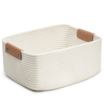 Large Woven Rope Gift Basket with Leather Handles, 20L, White
