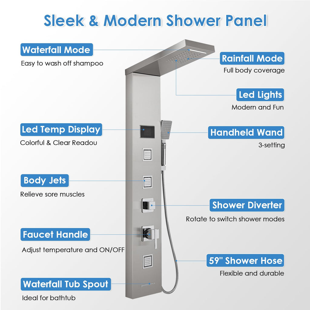Shower Panel Tower With Led Lights & Digital Display, Water Powered