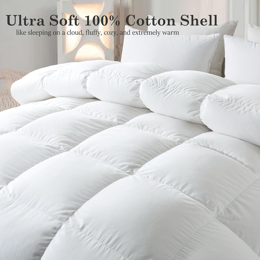 Feather Comforter Queen, Filled with Feather and Downfiber, All Season White Luxury Hotel Fluffy Bed