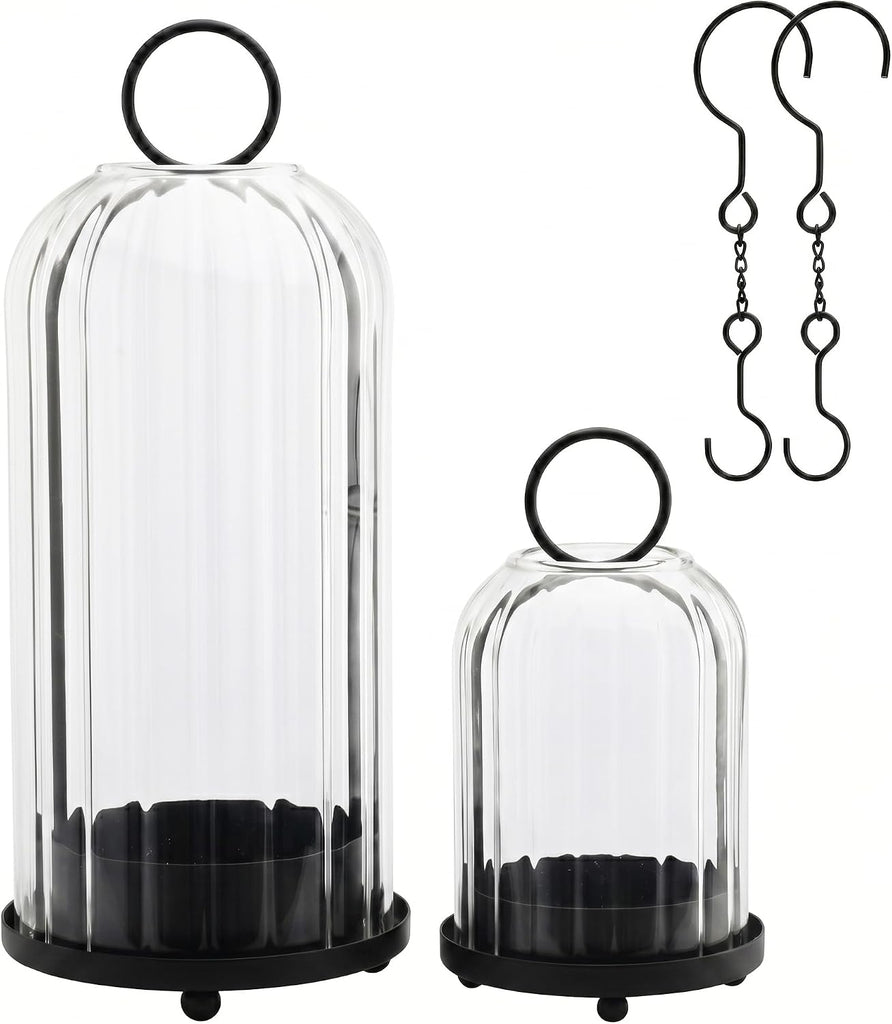 5" & 4" Metal Candle Holder with Ribbed Glass Candle Lanterns Set of 2, Vintage Windproof Hurricane Candle Holders